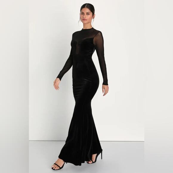 Lulus Alluring Fixation Black Velvet Mesh Long Sleeve Maxi Dress - Picture 2 of 8